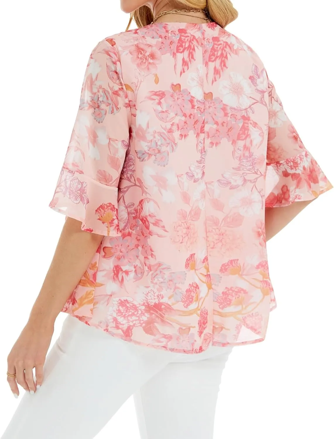 Women's Pink Floral Blouse, Suitable for Business Casual, with 3/4 Sleeves and a Loose fit.