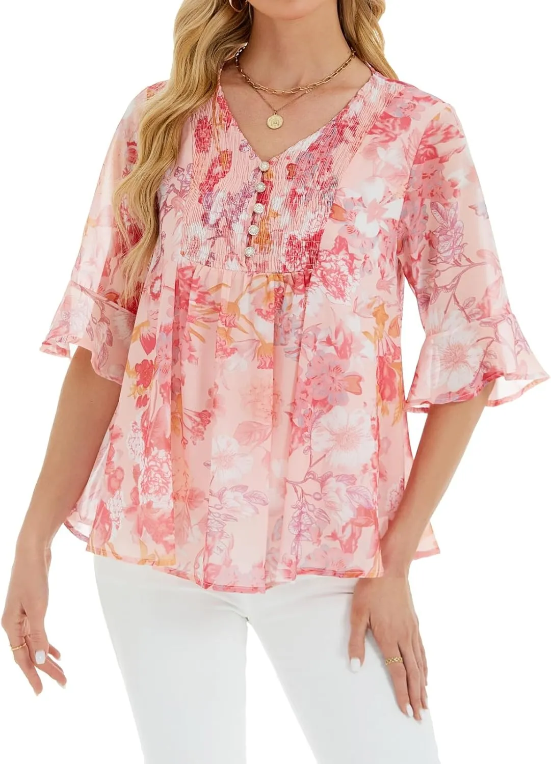 Women's Pink Floral Blouse, Suitable for Business Casual, with 3/4 Sleeves and a Loose fit.
