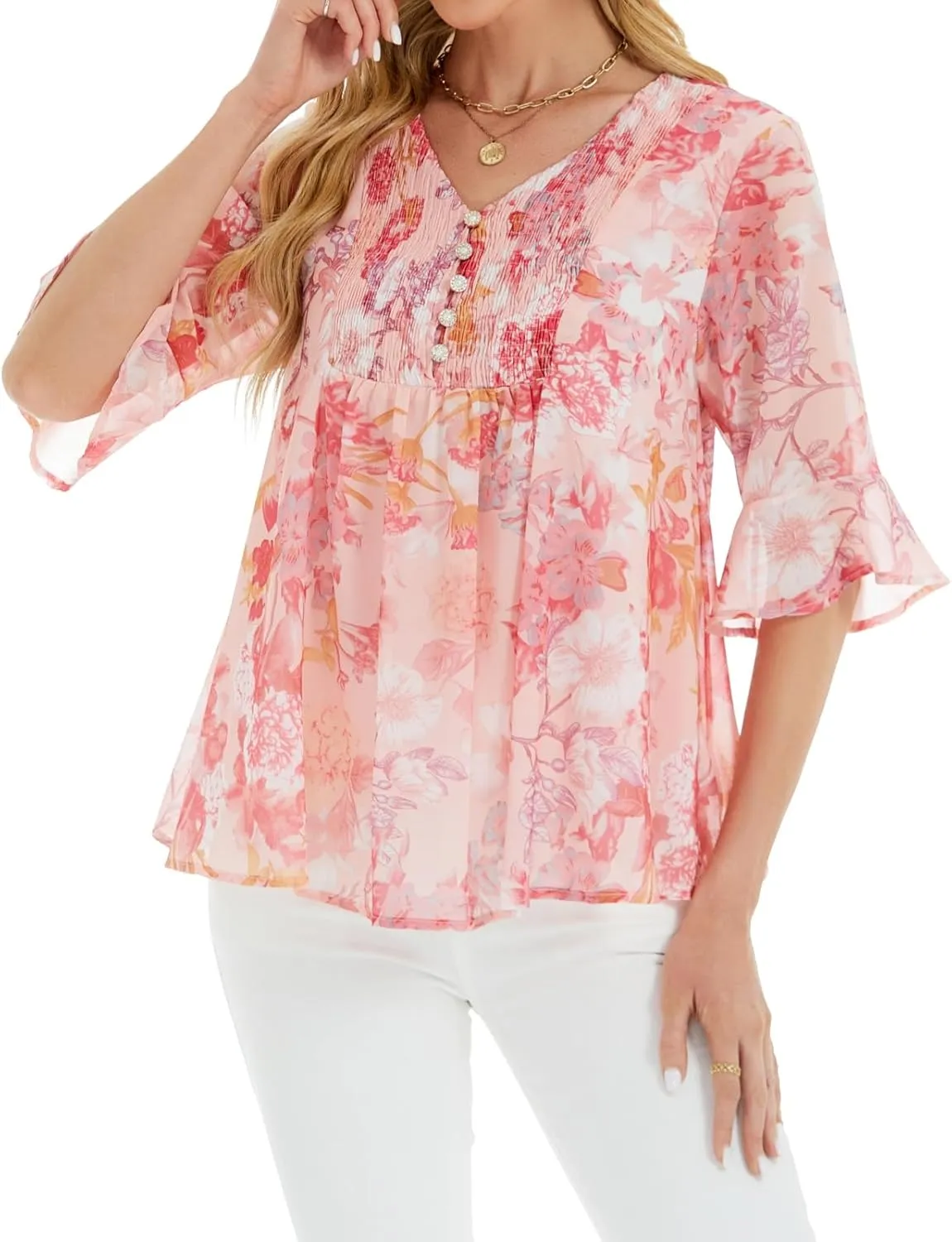 Women's Pink Floral Blouse, Suitable for Business Casual, with 3/4 Sleeves and a Loose fit.