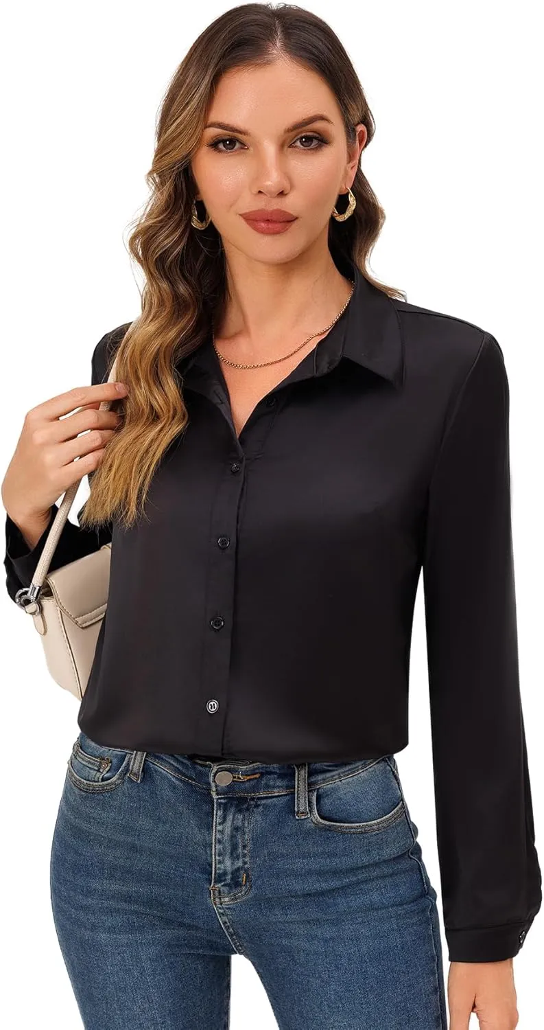 Womens Soft Satin Silk Button Down Shirts for Women Silky Long Sleeve Work Shirt Dress Blouses Tops