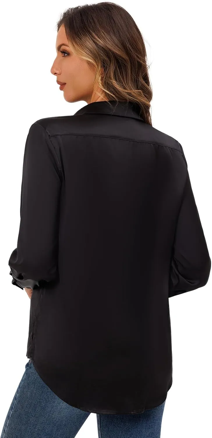 Womens Soft Satin Silk Button Down Shirts for Women Silky Long Sleeve Work Shirt Dress Blouses Tops