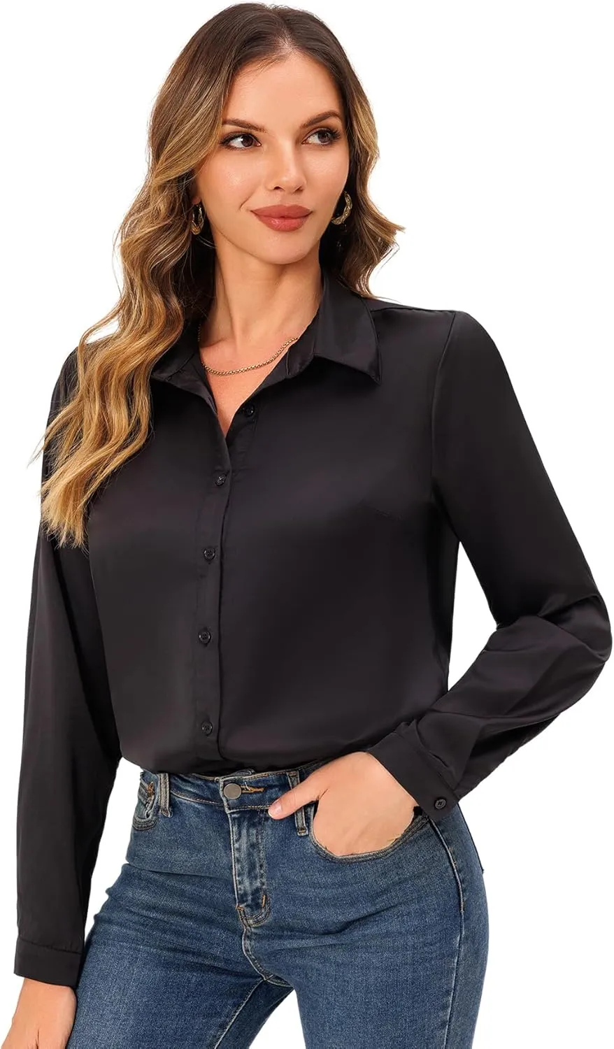 Womens Soft Satin Silk Button Down Shirts for Women Silky Long Sleeve Work Shirt Dress Blouses Tops