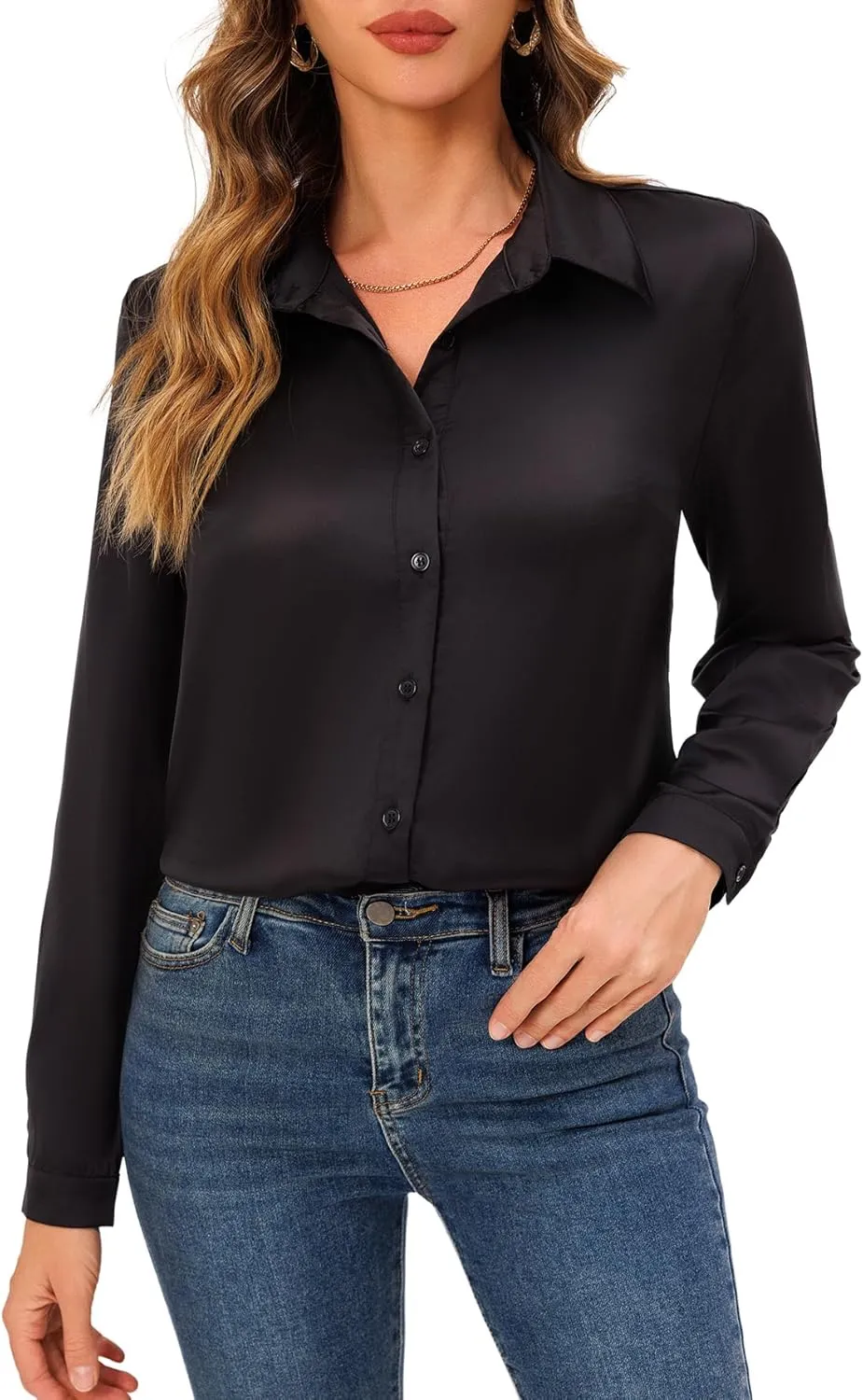 Womens Soft Satin Silk Button Down Shirts for Women Silky Long Sleeve Work Shirt Dress Blouses Tops