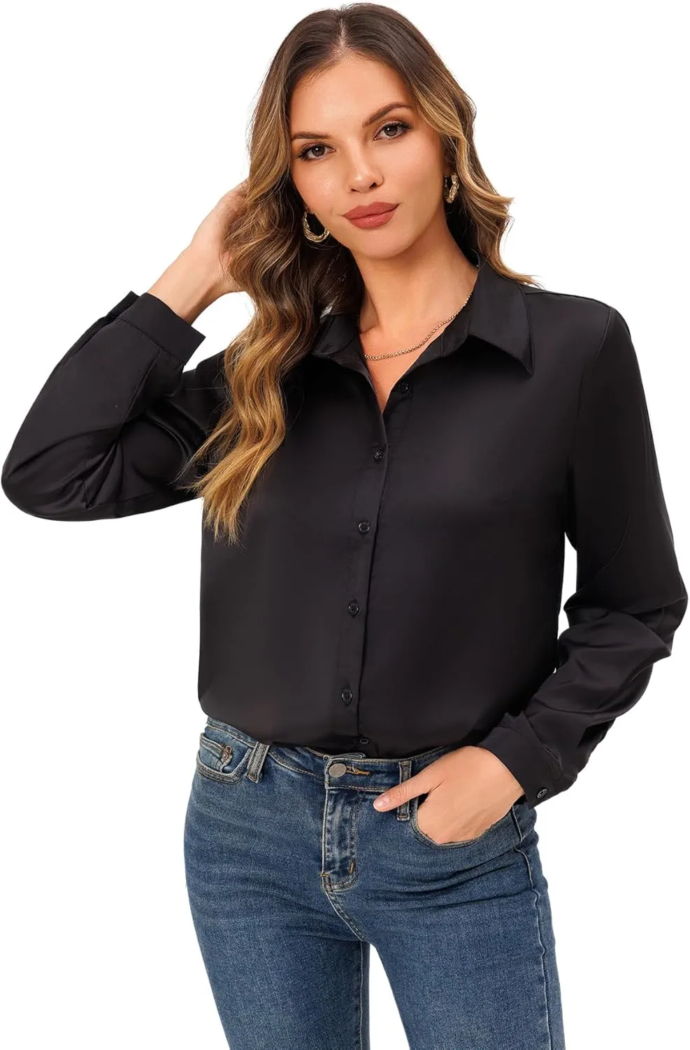 Womens Soft Satin Silk Button Down Shirts for Women Silky Long Sleeve Work Shirt Dress Blouses Tops