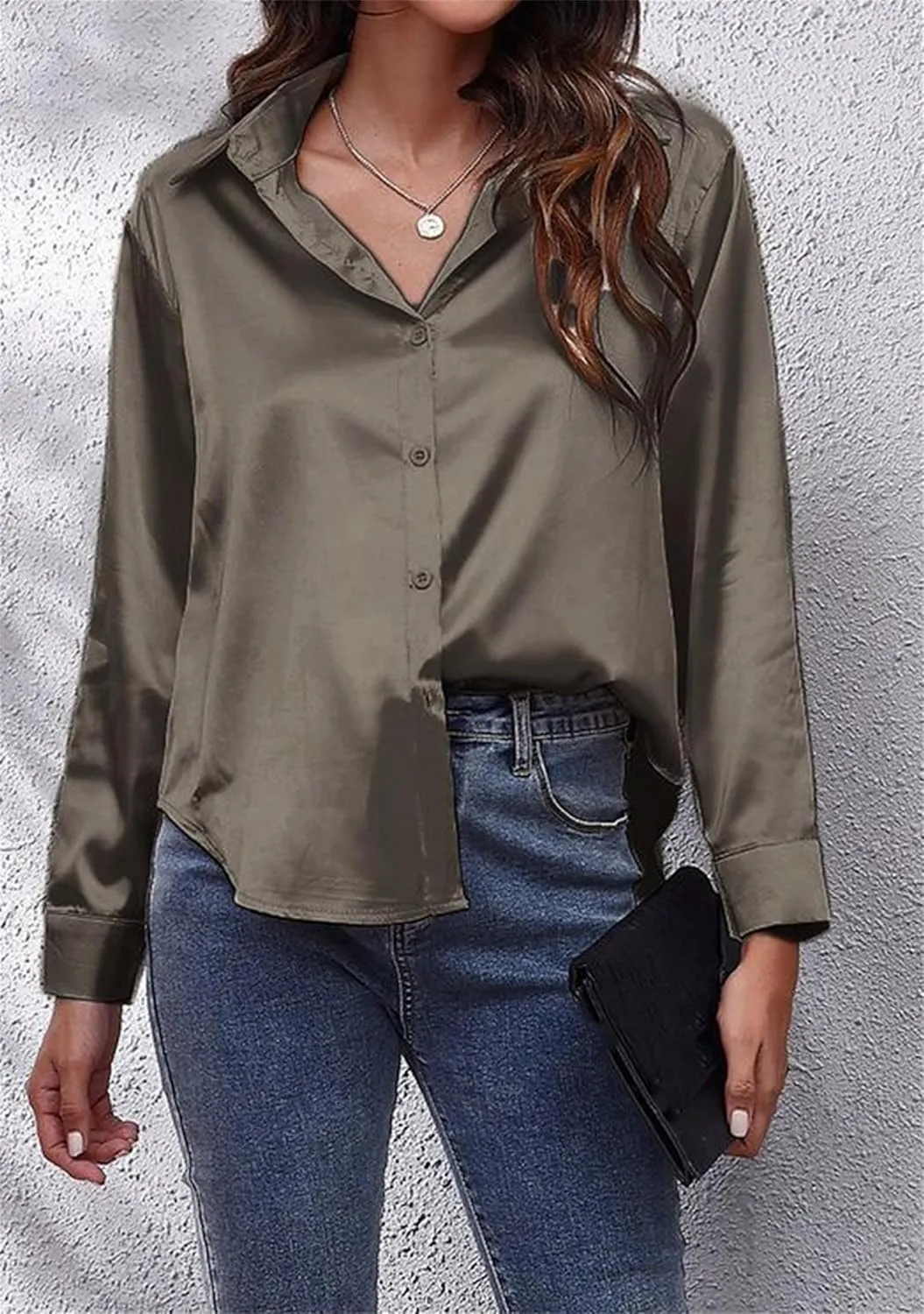 Women's Solid Color Button Down Satin Silk Blouse Lightweight Work Shirts V Neck Long Sleeve Lapel Top