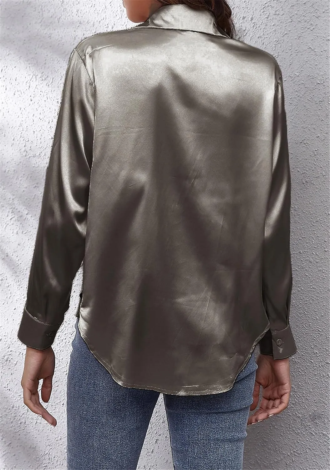 Women's Solid Color Button Down Satin Silk Blouse Lightweight Work Shirts V Neck Long Sleeve Lapel Top