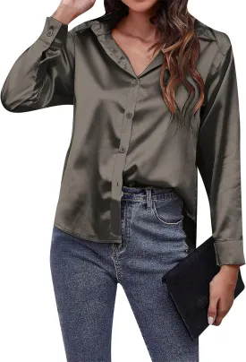 Women's Solid Color Button Down Satin Silk Blouse Lightweight Work Shirts V Neck Long Sleeve Lapel Top