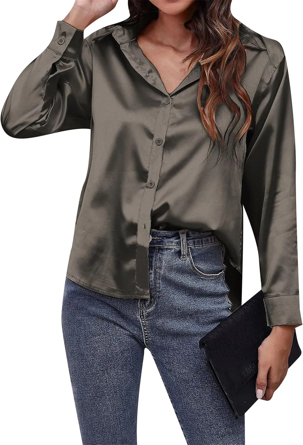 Women's Solid Color Button Down Satin Silk Blouse Lightweight Work Shirts V Neck Long Sleeve Lapel Top
