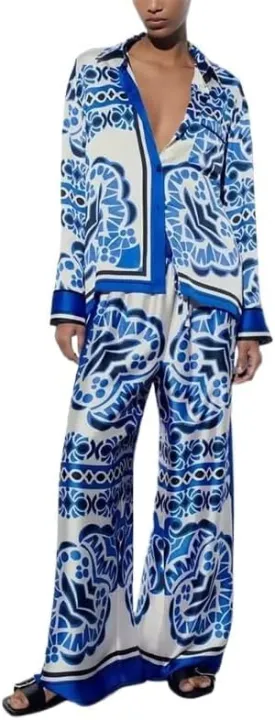 Women's Summer Print Two Piece Pajama Set Short Sleeve Outfits Button Down Tops Drawstring Long Pants Sleepwear Sets