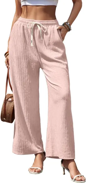 Womens Wide Leg Elastic Waisted Pants Palazzo Trousers Adjustable Drawstring Casual Long Pleated Pants with Pockets